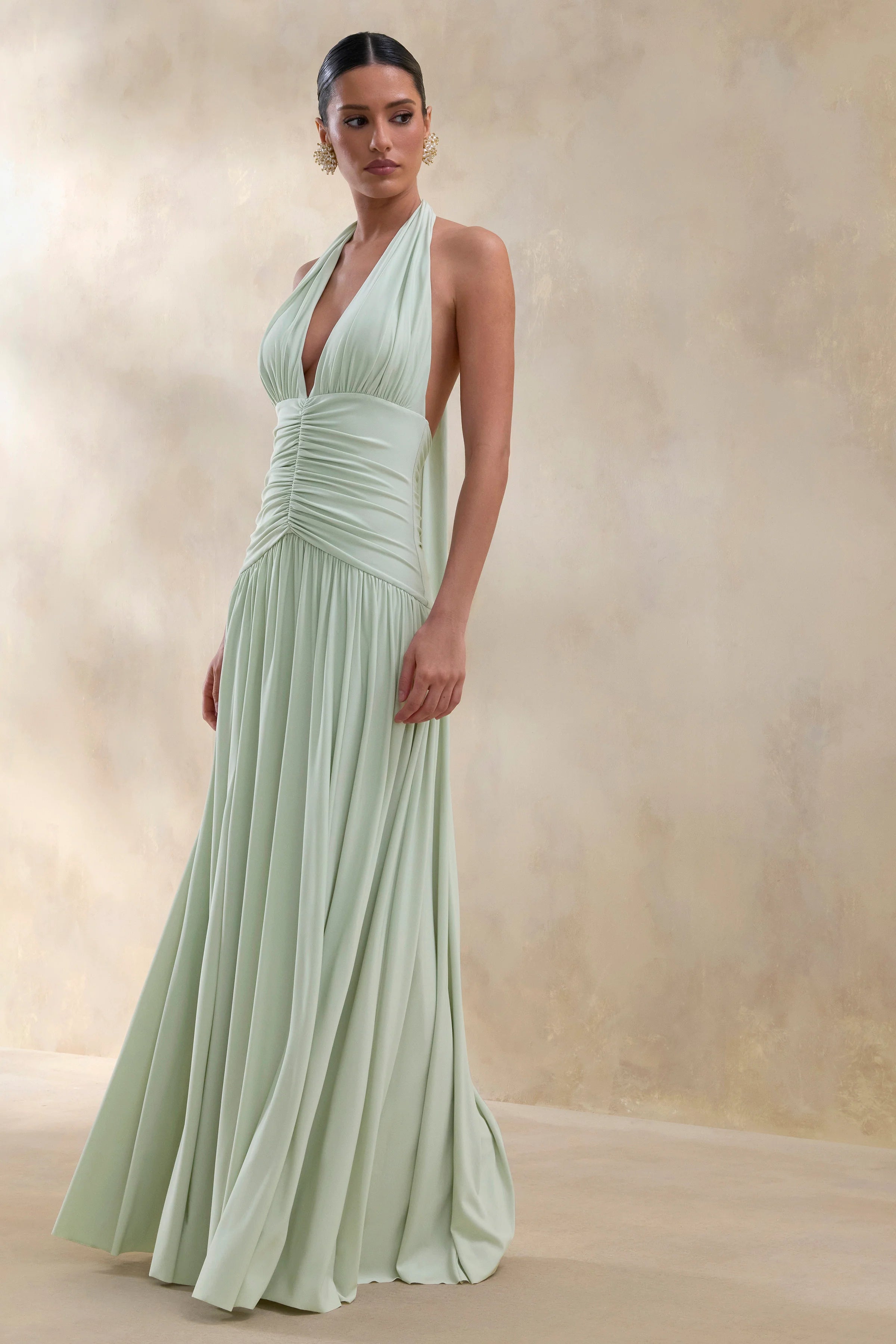 Bettina Sage Plunge Neck Maxi Dress With Gathered Detailing