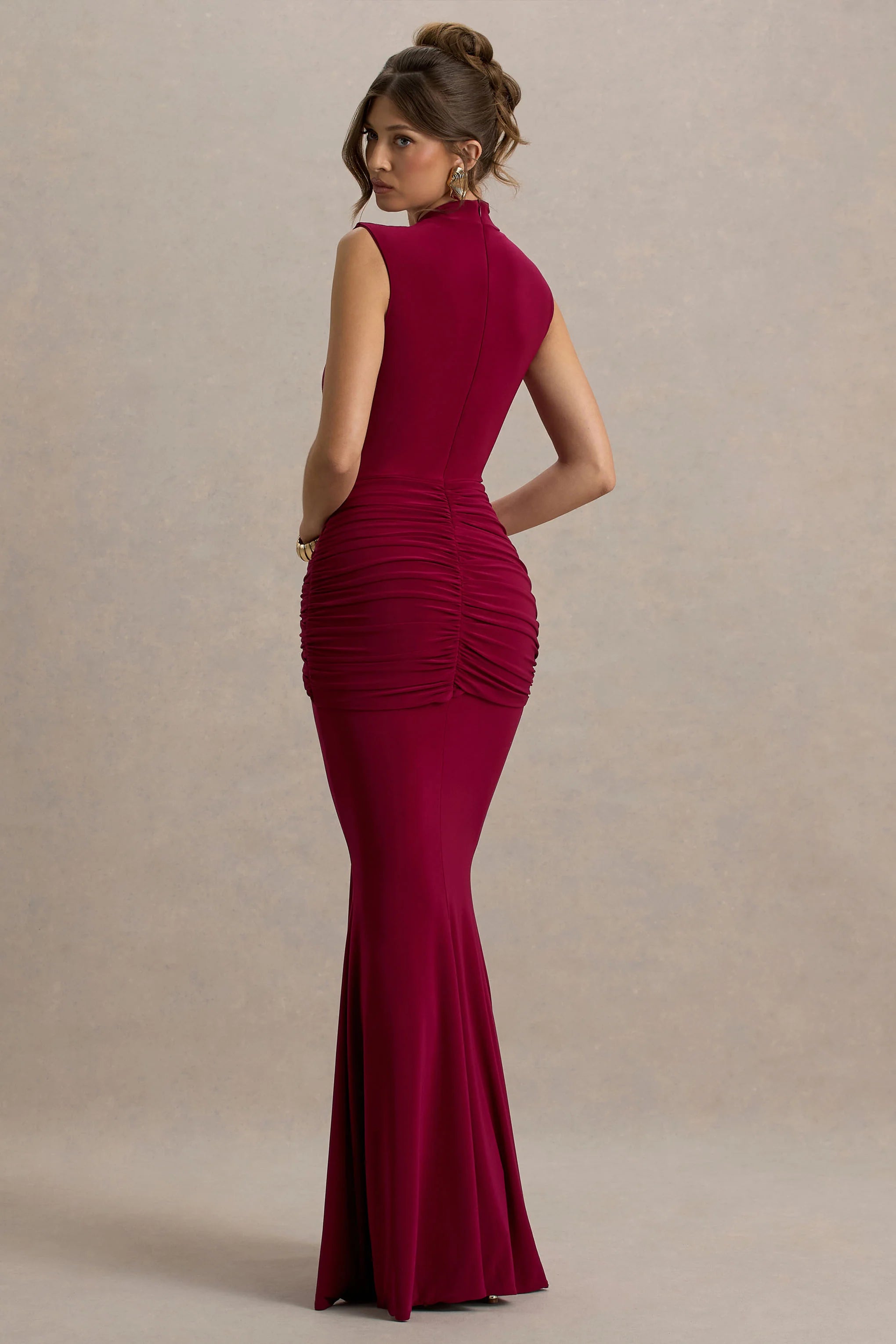 Graziana Burgundy High Neck Gathered Draped Maxi Dress