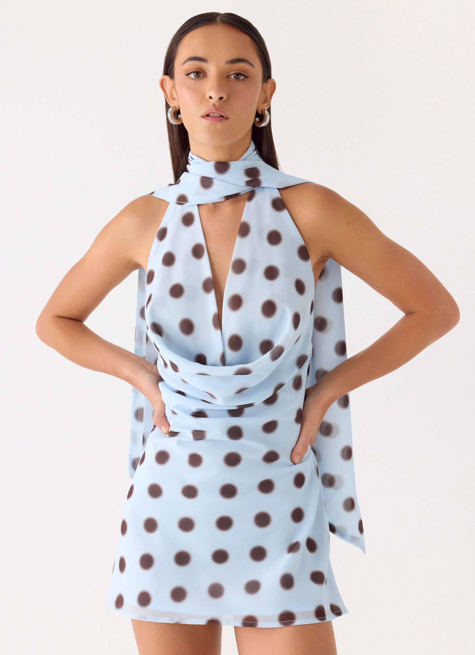 Get Me Halter Mini Dress Blue Mocha Dot
