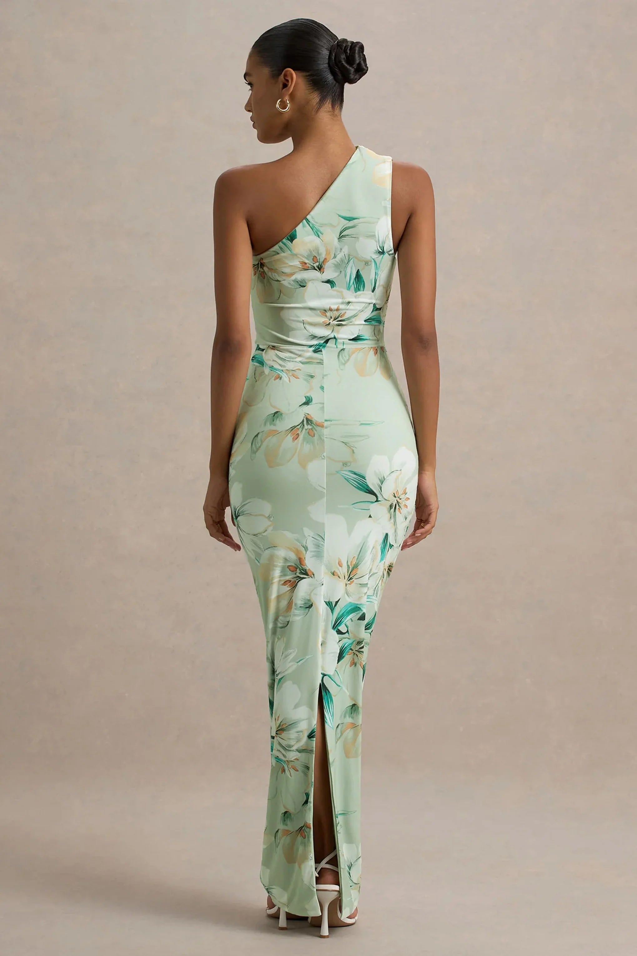 Dalarie Green Floral Print One Shoulder Gathered Maxi Dress