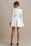 Astonish White Long Sleeve Embellished Square Neck Mini Dress With Volume Skirt