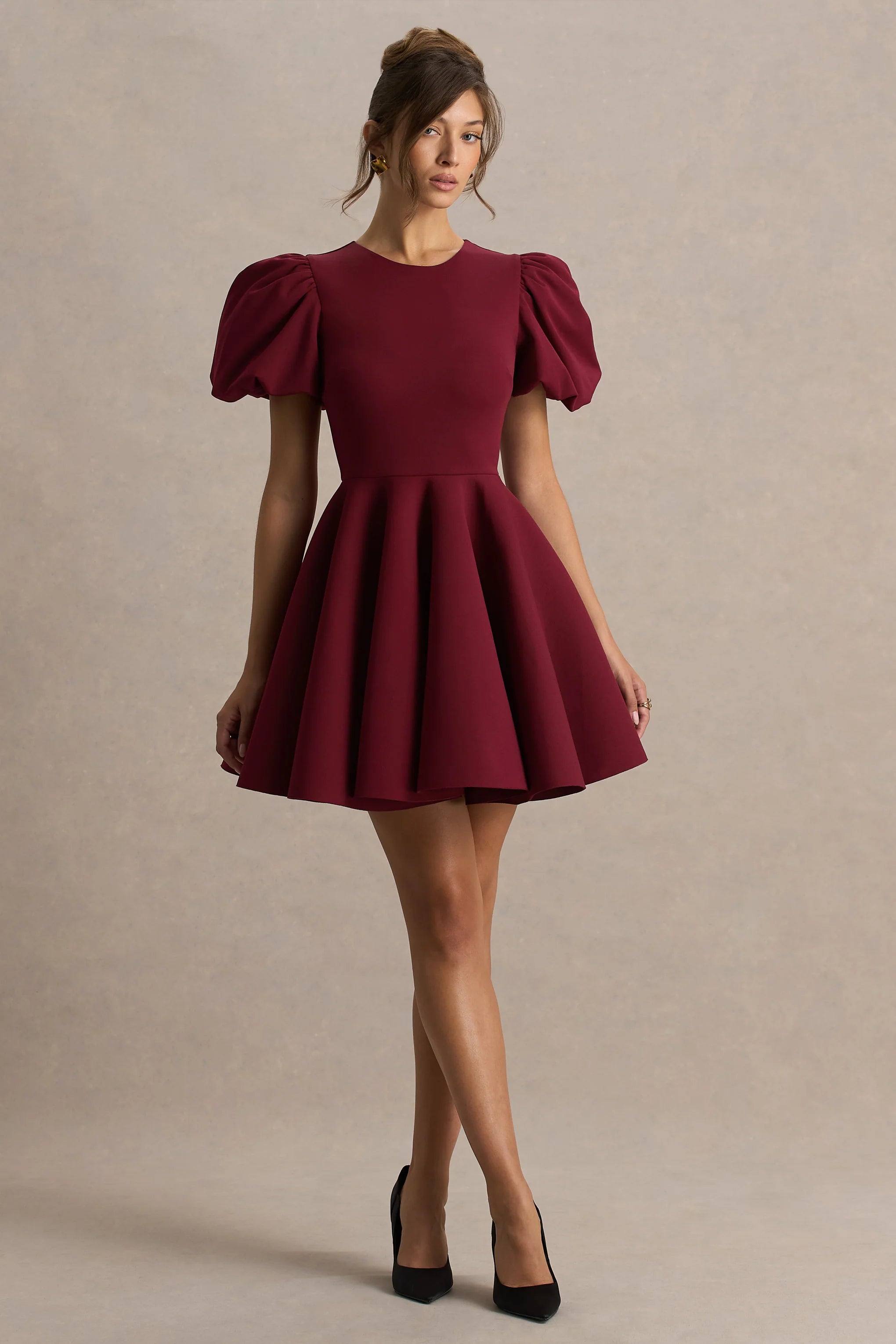 Emelia Burgundy Puff Sleeve Skater Mini Dress