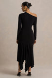 Isola Black Asymmetric Neck Midi Dress With Hanky Hem