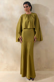 Vanthea Olive Satin Round Neck Maxi Dress With Cape Sleeves