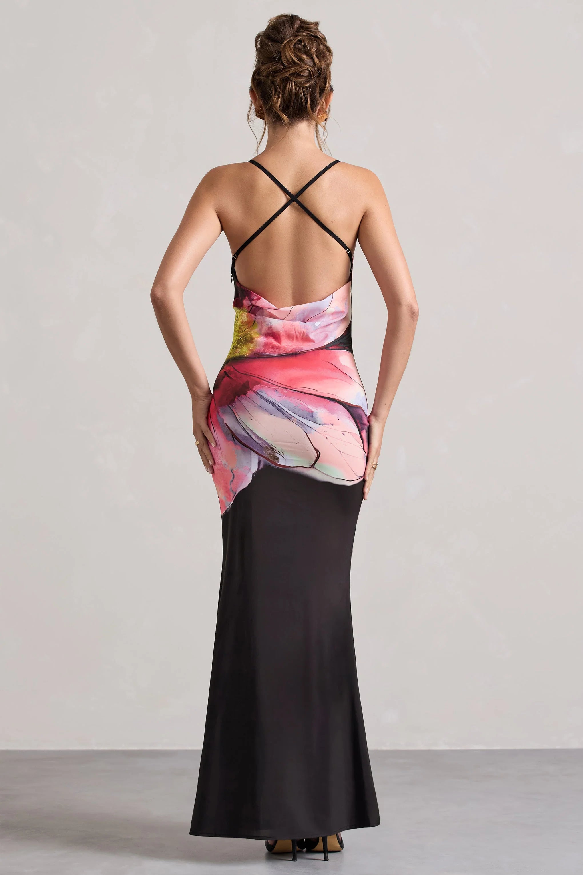 Kali Black Floral Print Cowl Neck Open Back Split Maxi Dress