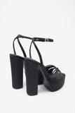 Crystal Cut Black Strappy Heeled Platform Sandals With Diamante Buckles