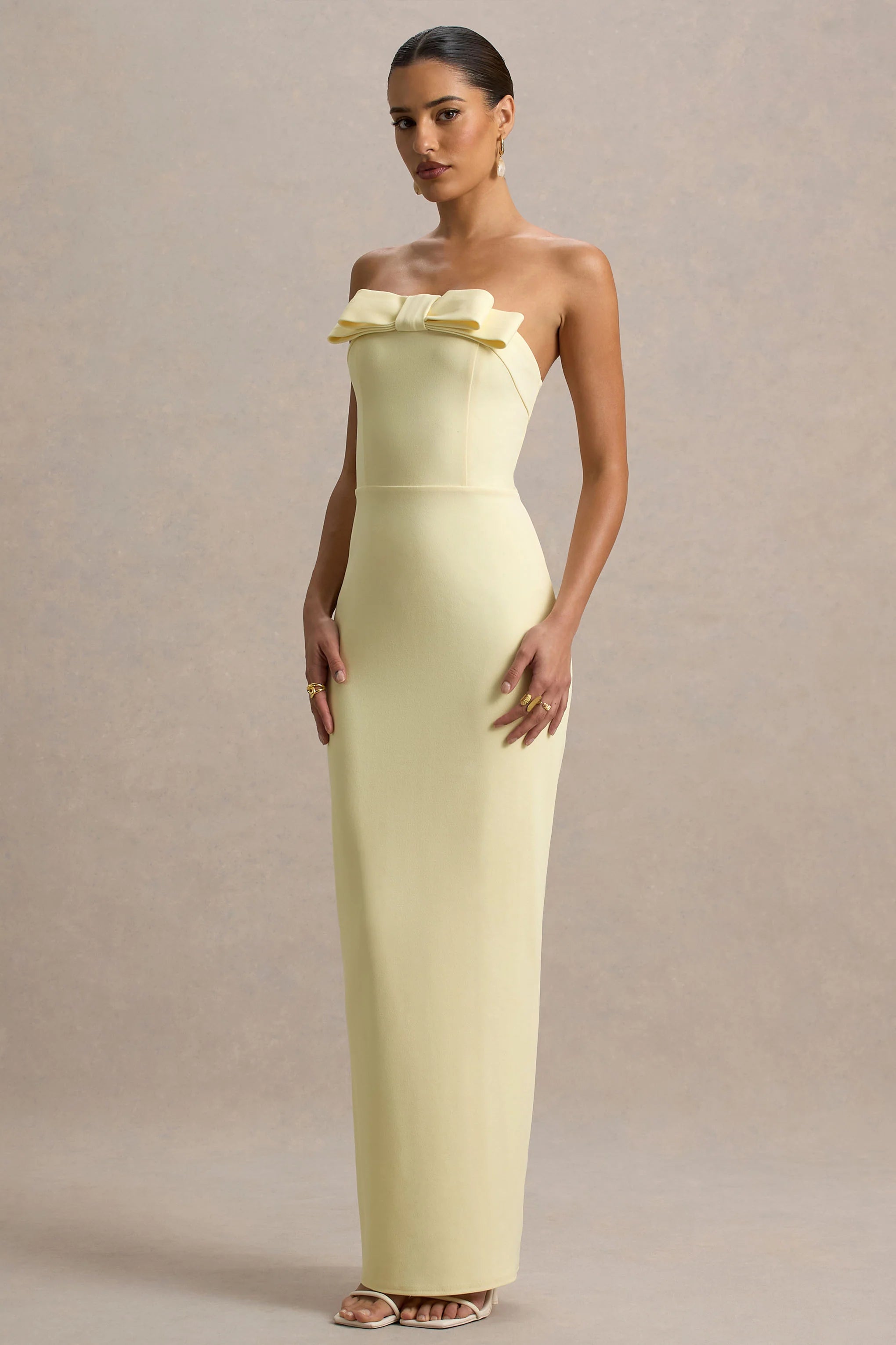 Hallie Lemon Bandeau Maxi Dress With Bow Detail