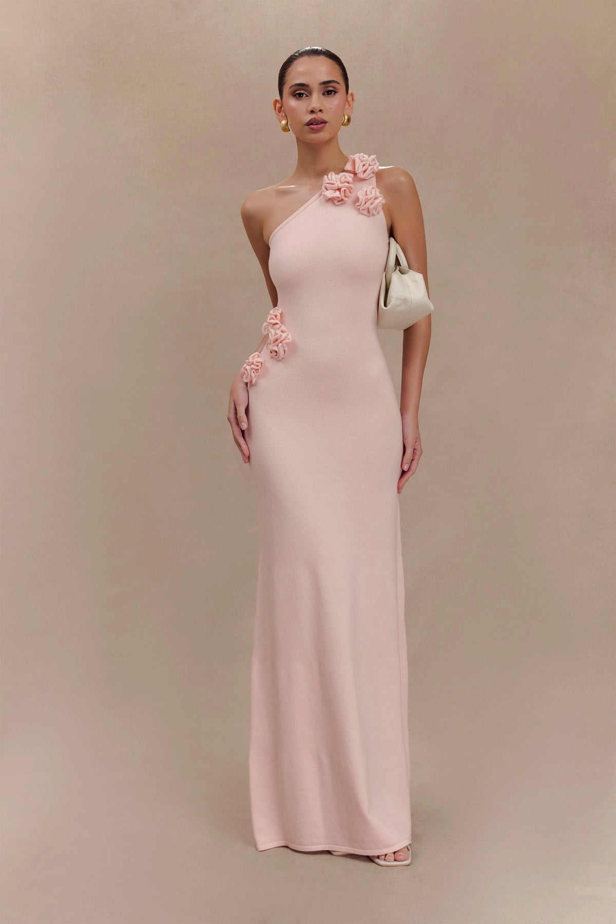 Paloma One Shoulder Knit Maxi Dress With Flowers Baby Pink
