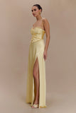 Larissa Satin Maxi Dress With Ruched Petals Lemon