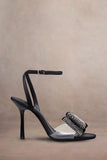 Bowing Black Satin Heeled Sandals With Diamante Bows