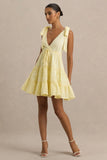 Corrina Lemon Broderie Plunge Neck Mini Dress