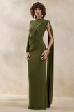 Oliria Olive High Neck Maxi Dress With One Long Sleeve And Sash Detail