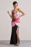 Kali Black Floral Print Cowl Neck Open Back Split Maxi Dress