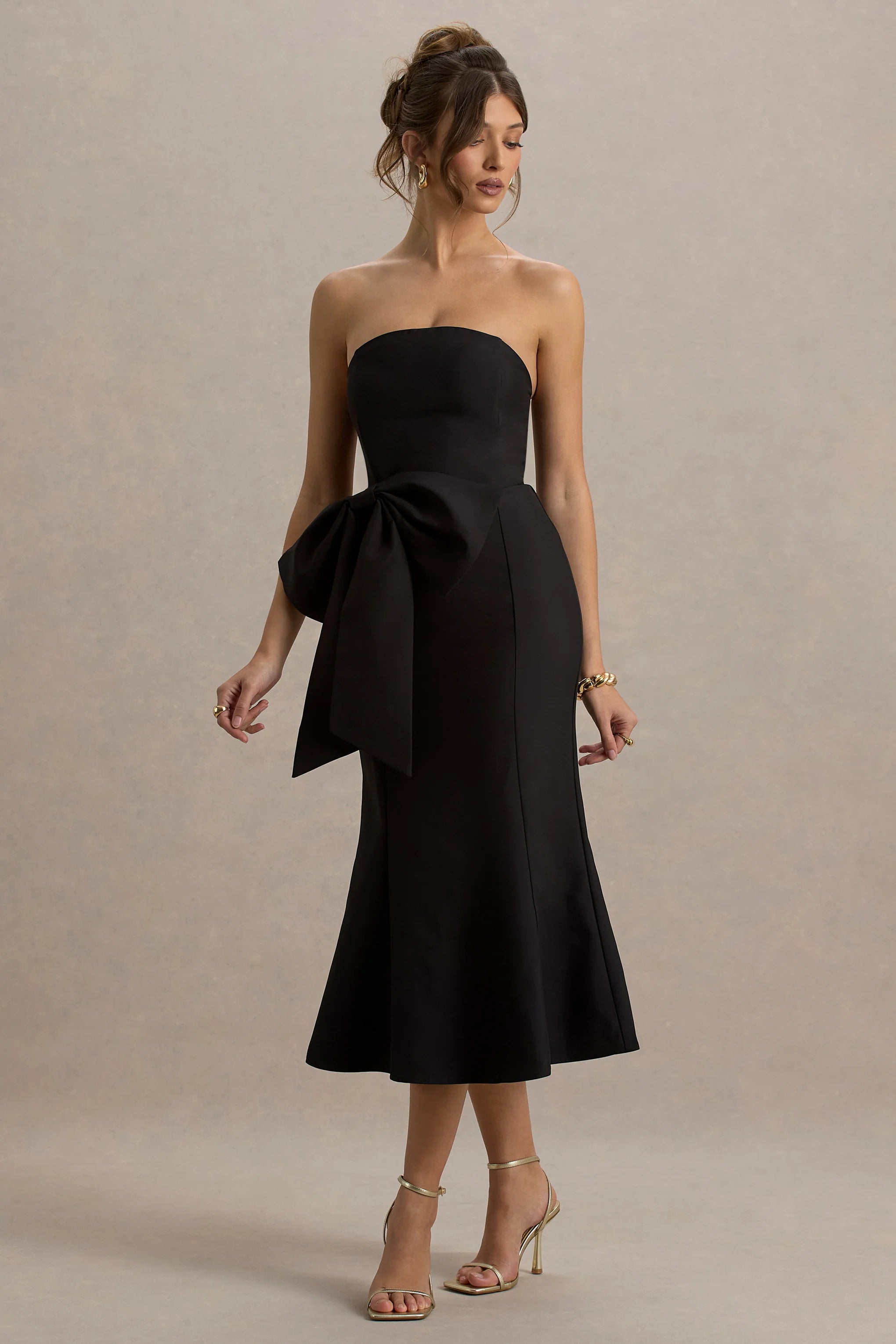 To Me Black Bandeau Midi Dress With Oversized Bow