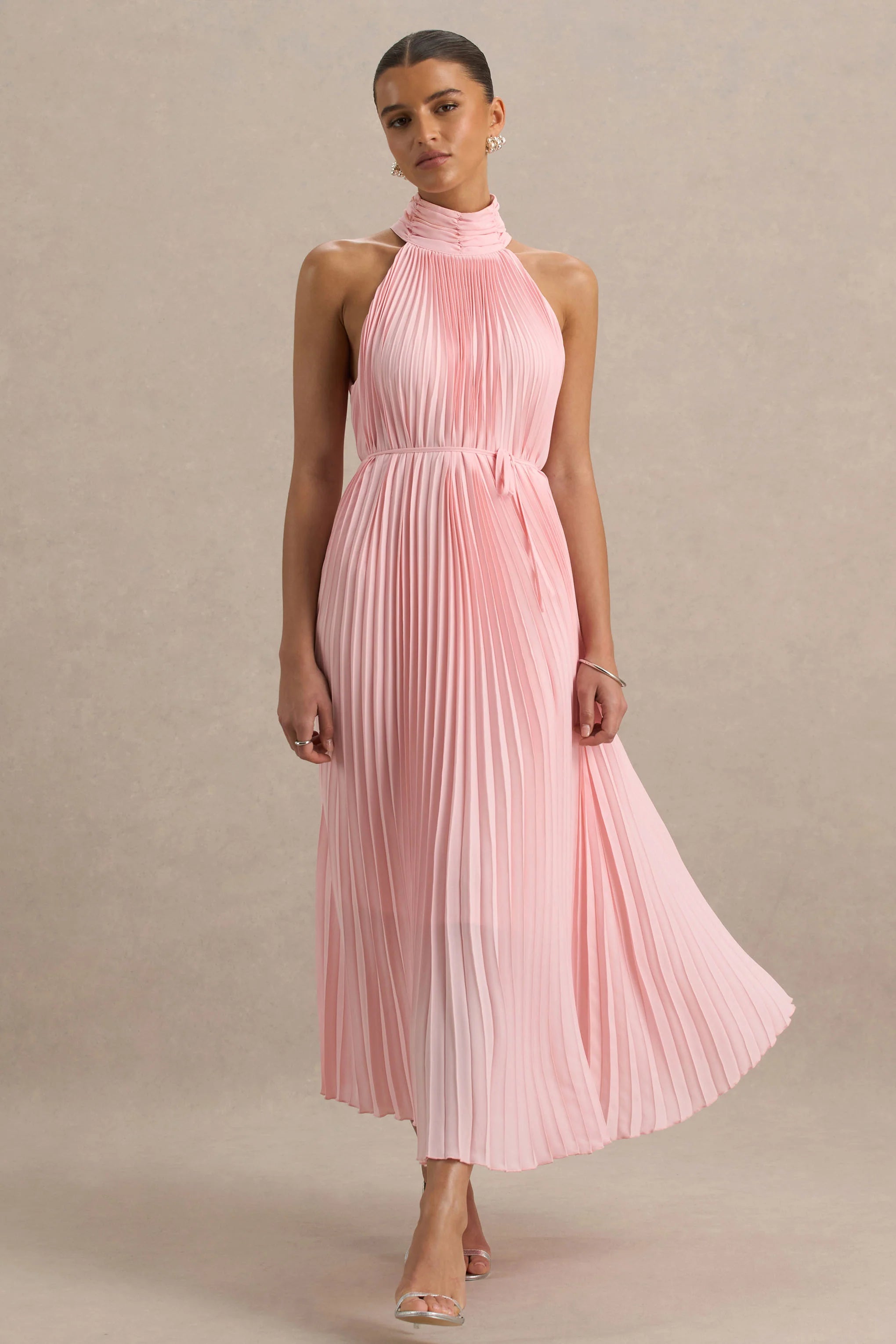 Tulip Blush Pink Pleated High Neck Midi Dress