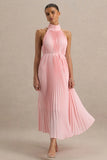 Tulip Blush Pink Pleated High Neck Midi Dress