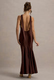 Amelita Brown Satin Cowl Neck Maxi Dress