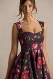 Magic Burgundy Floral Print Sweetheart Neck Mini Dress