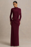Melissa Burgundy Long Sleeve Wrap Maxi Dress With Draped Detailing