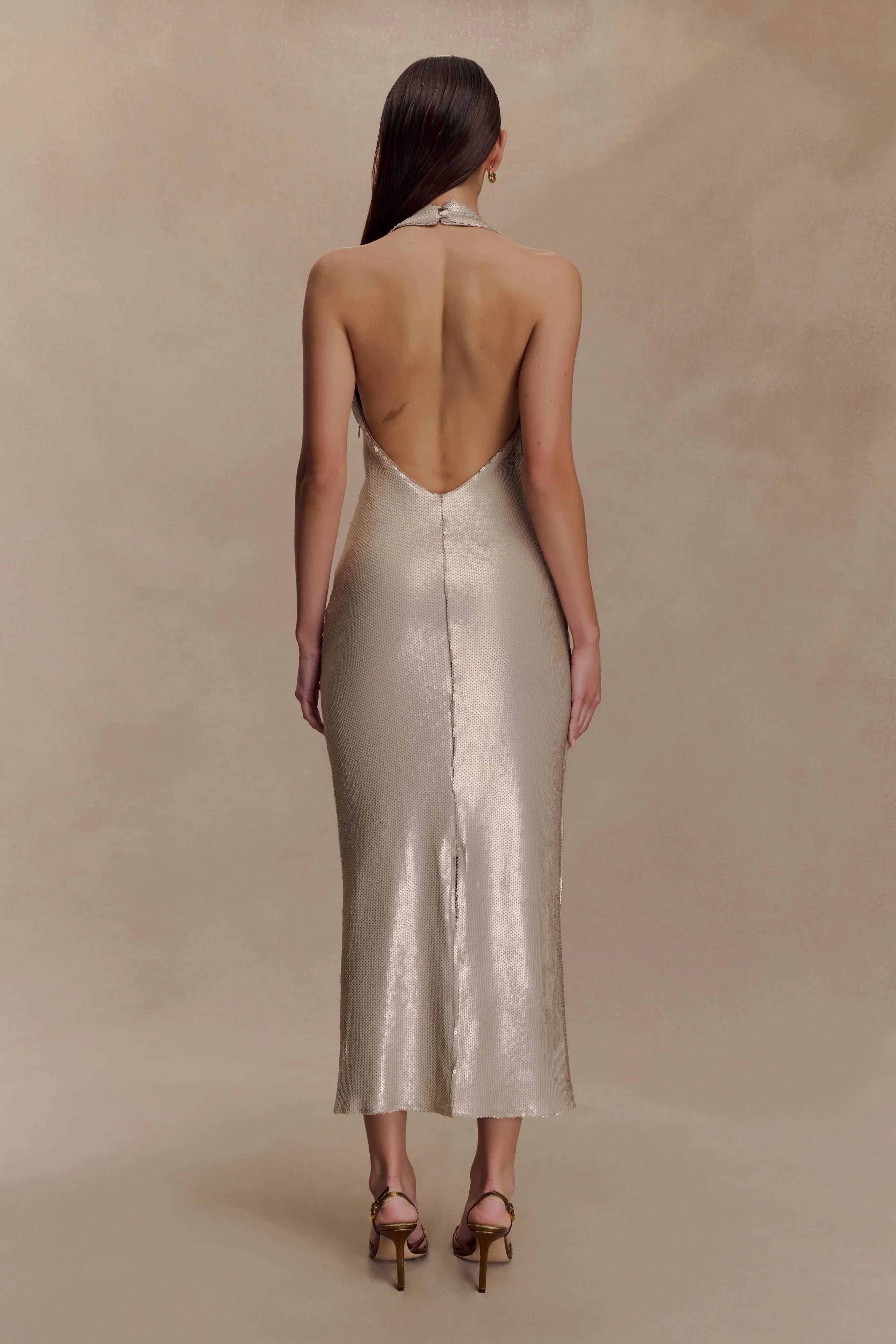 Carnation Sequin Halter Midi Dress Gold