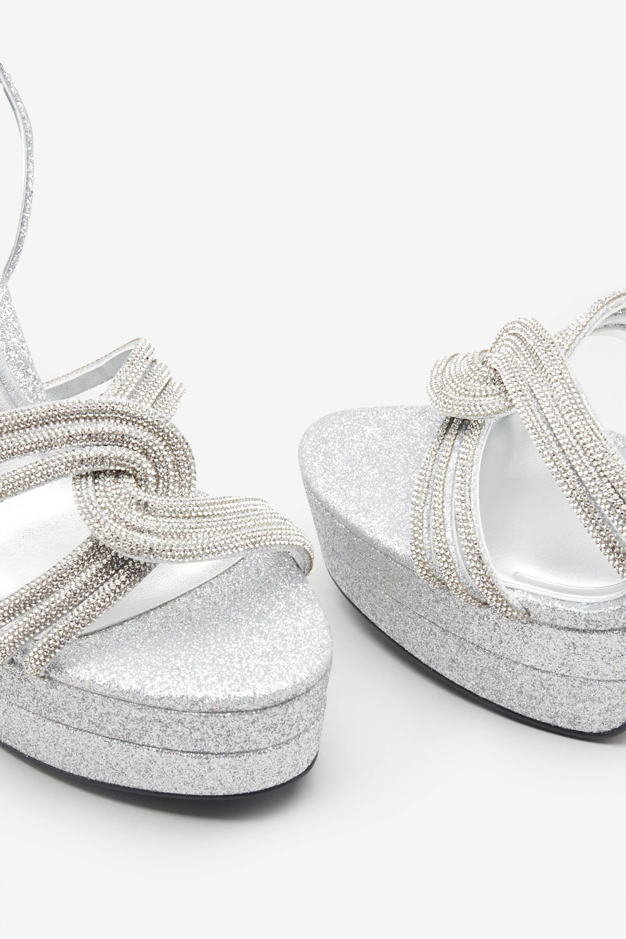 Doll Drama Silver Glitter Diamante Strappy Platform Heels