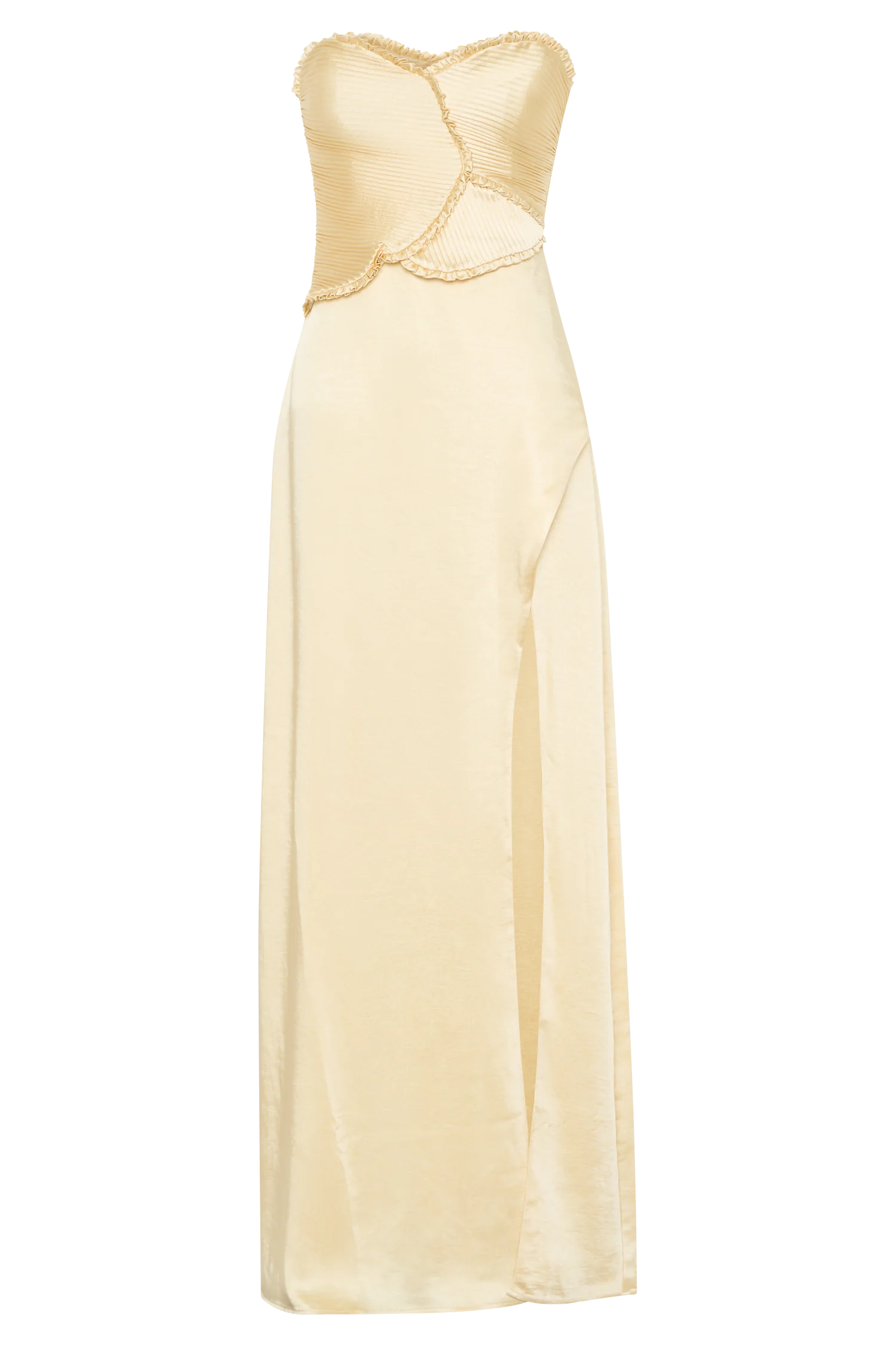 Larissa Satin Maxi Dress With Ruched Petals Lemon