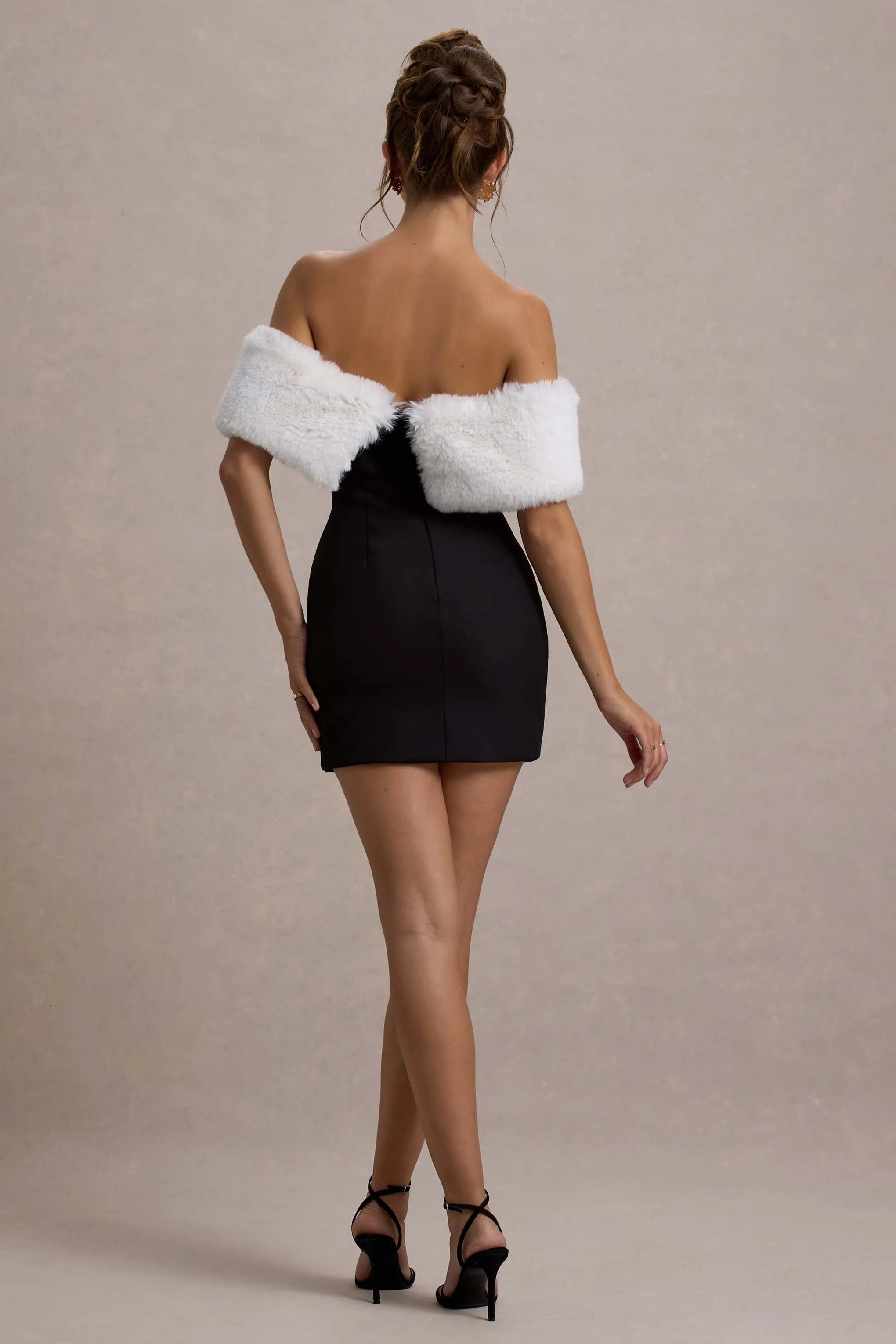 Little Luxe Black Bardot Mini Dress With White Fur Trim