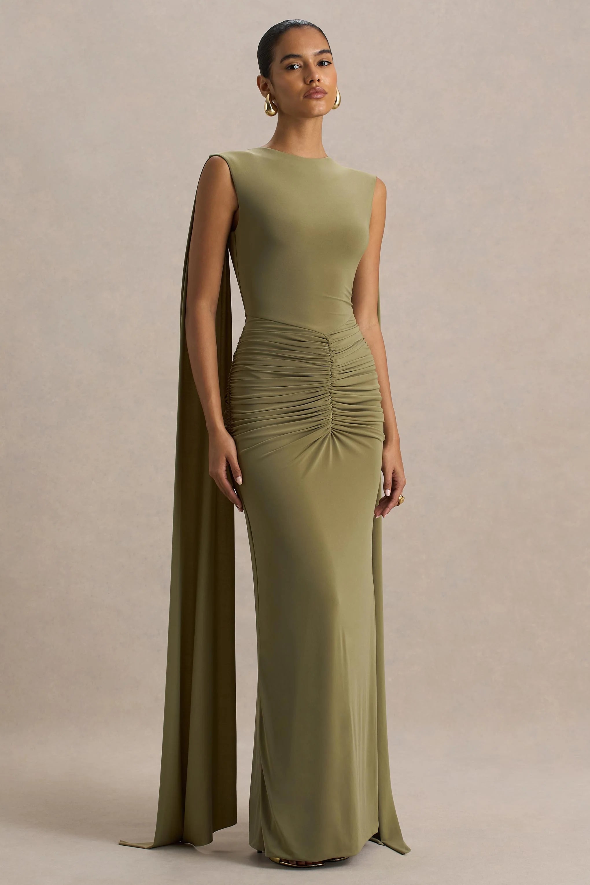 Premiere Olive Boat Neck Maxi Dress With Cape Sleeves And Open Back