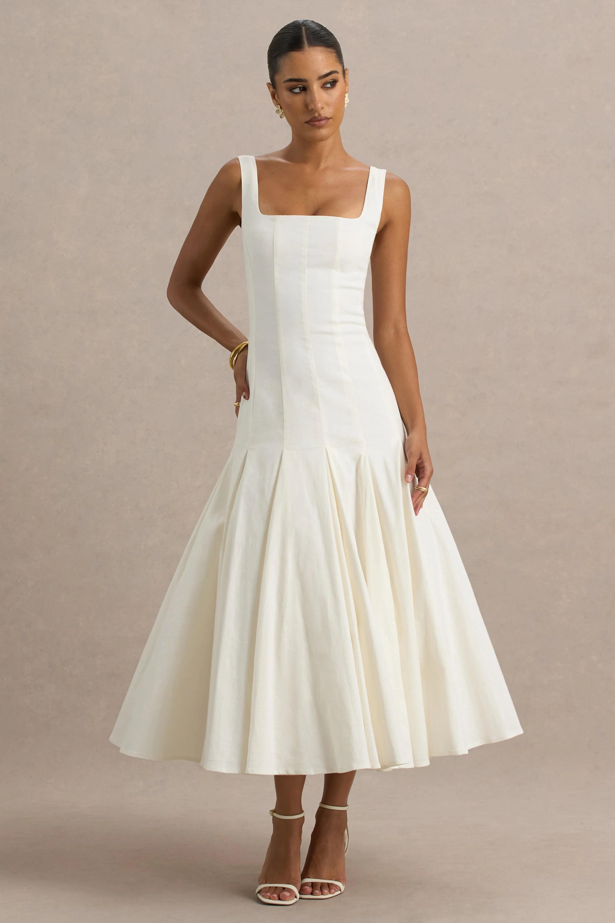 Magnolia White Scoop Neck Midi Dress With Drop Waist And Ruffling Detail