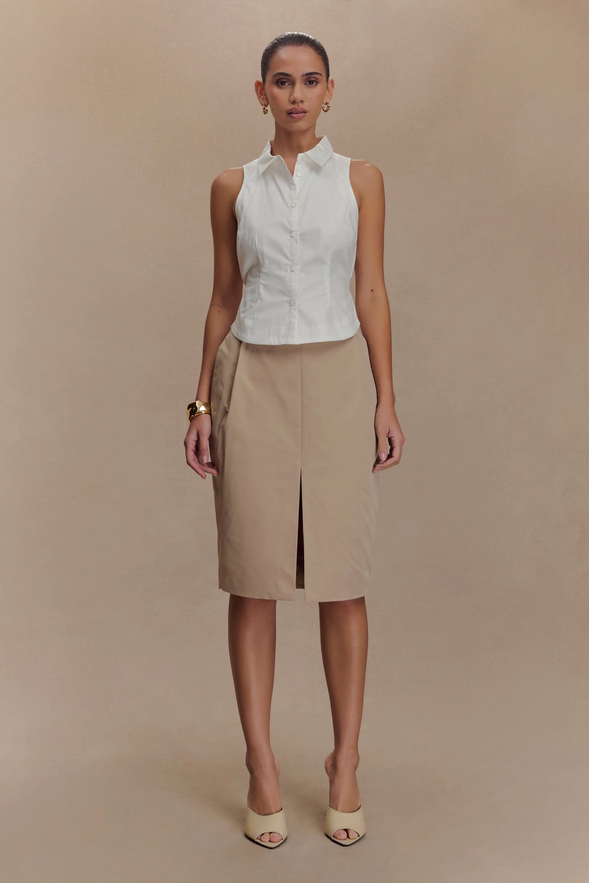 Vera Twill Split Front Midi Skirt Camel