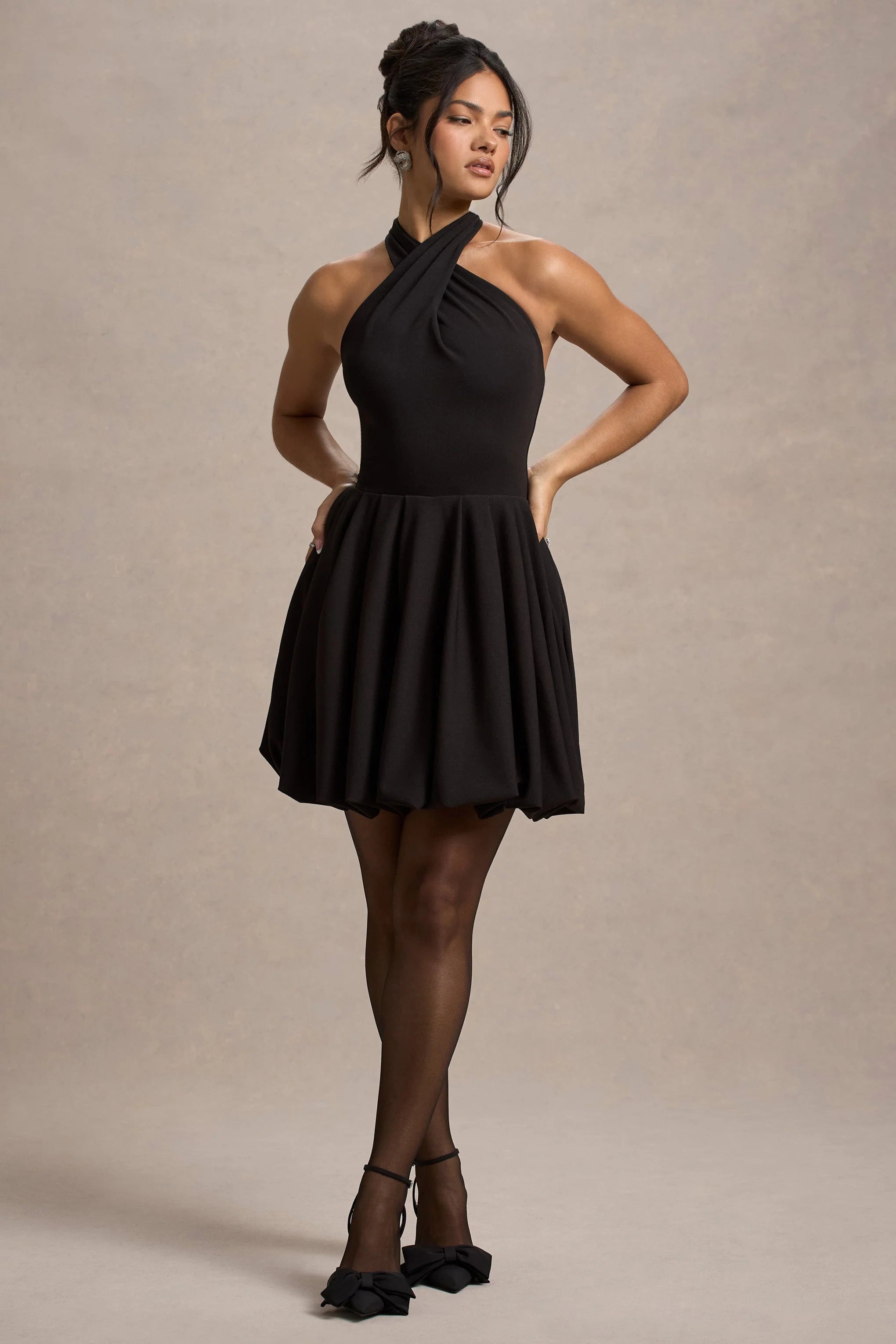 Klytie Black Halter Neck Mini Dress With Puff Ball Skirt