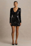 Ritz Black Sequin Plunge Neck Mini Dress With Long Sleeves