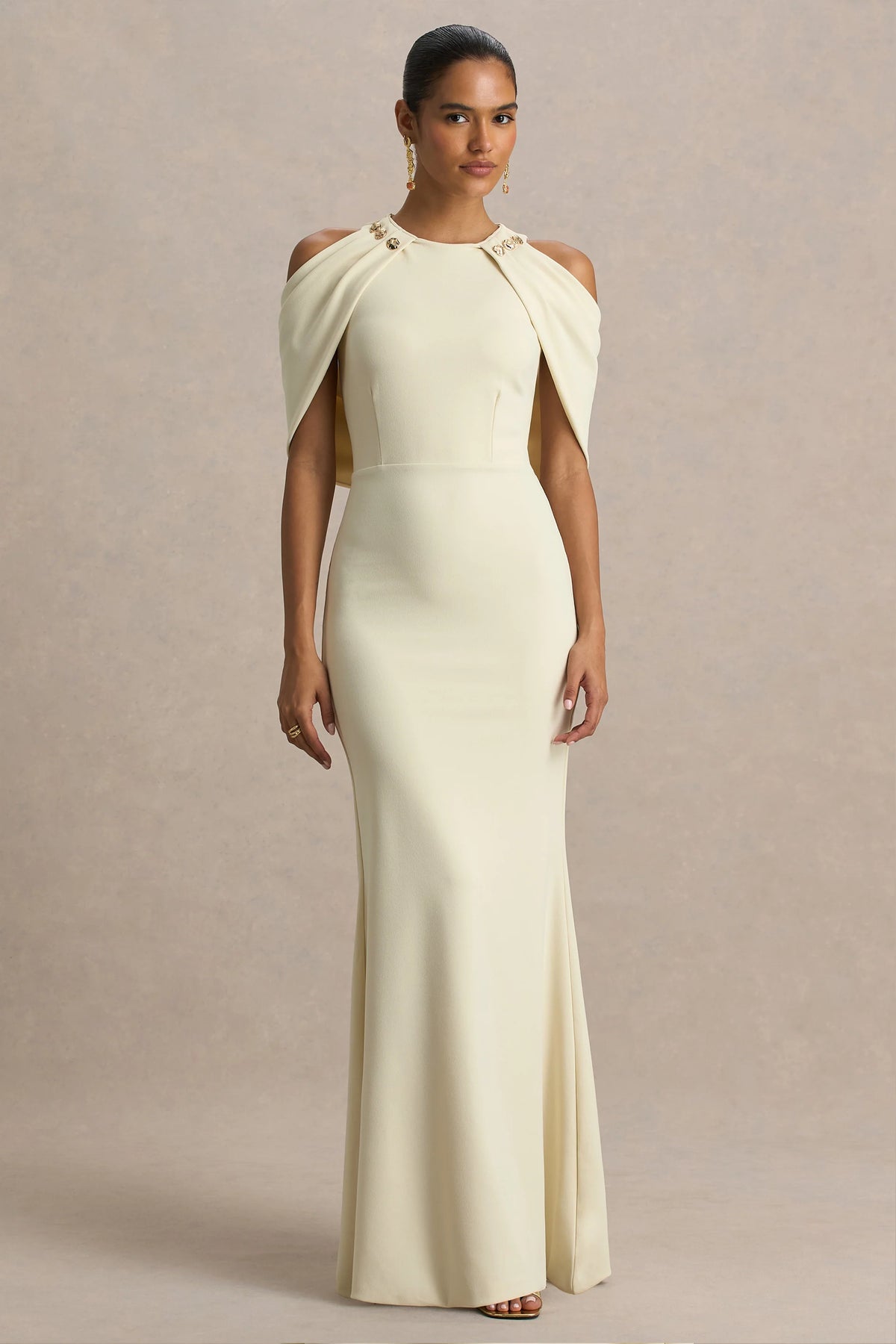 Yulia Sand High Neck Maxi Dress With Cape Sleeves