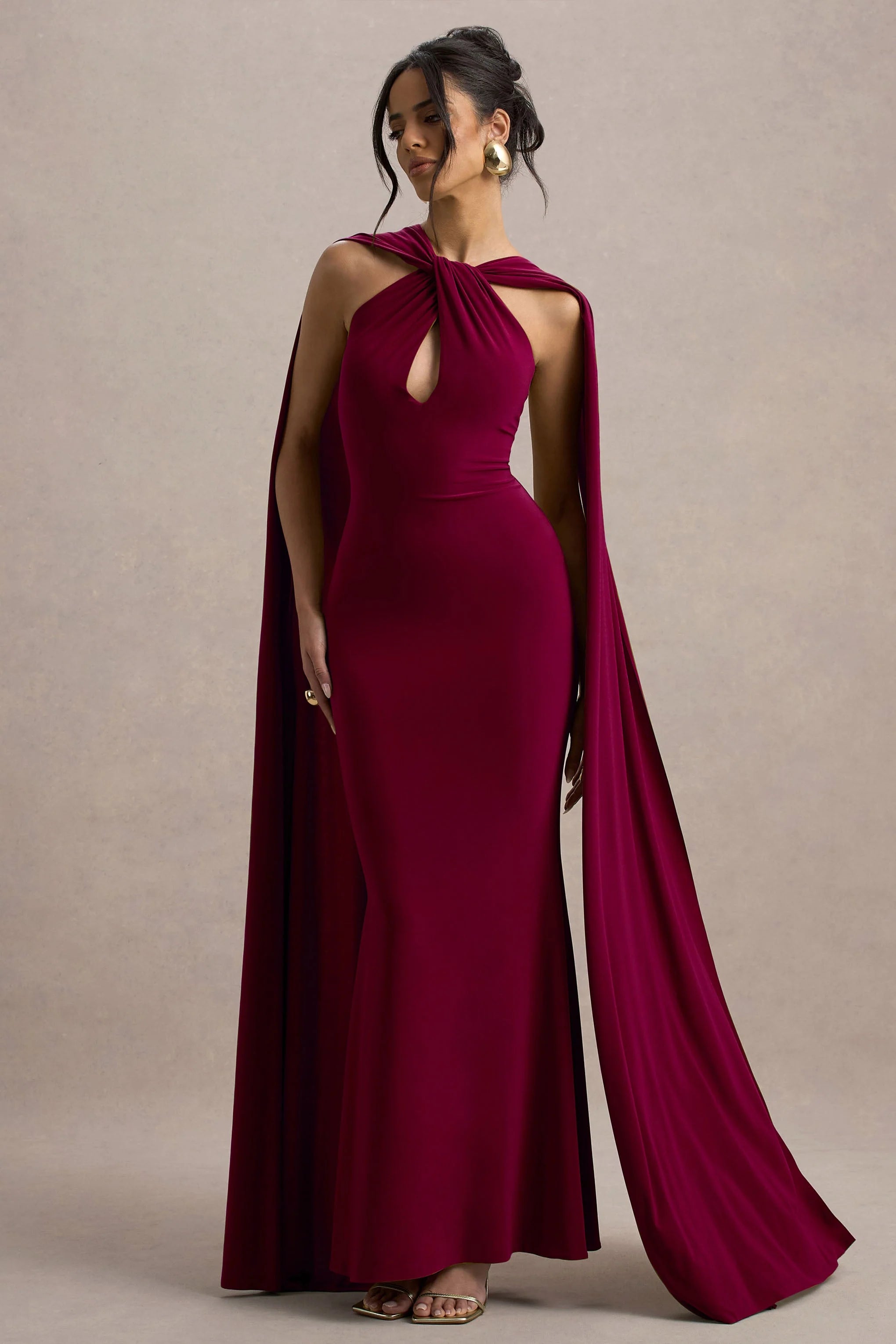 Rhoda Burgundy Twist Halter Neck Cape Maxi Dress