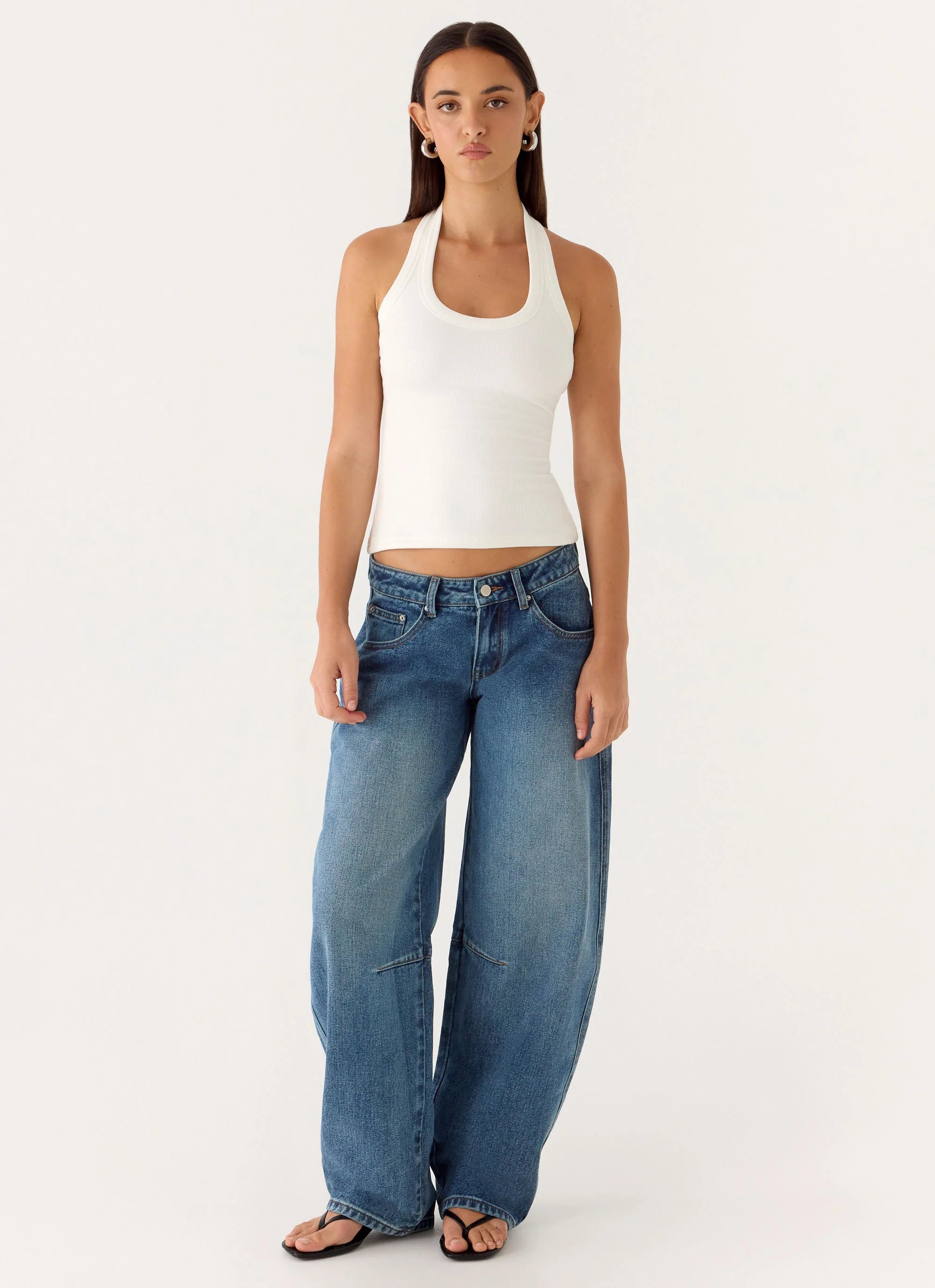Stevie Low Rise Barrel Leg Denim Jeans Mid Wash Blue