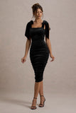 Tarna Black Velvet Midi Dress With Bow Straps