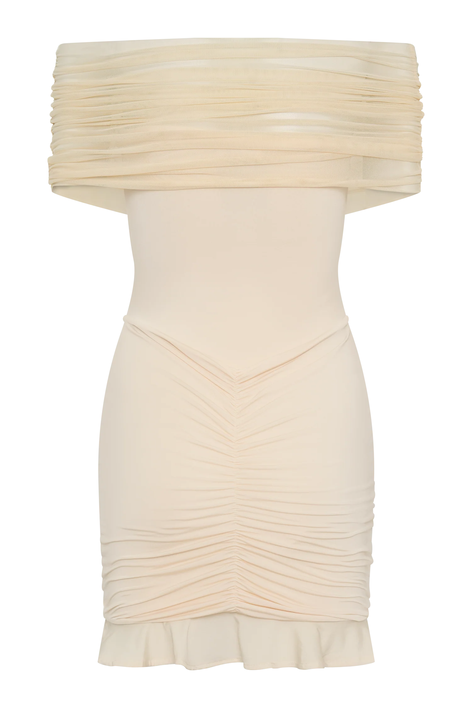 Caspian Slinky And Mesh Off Shoulder Mini Dress Ivory