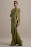 Here For Love Khaki Satin Asymmetric Maxi Dress With Bow