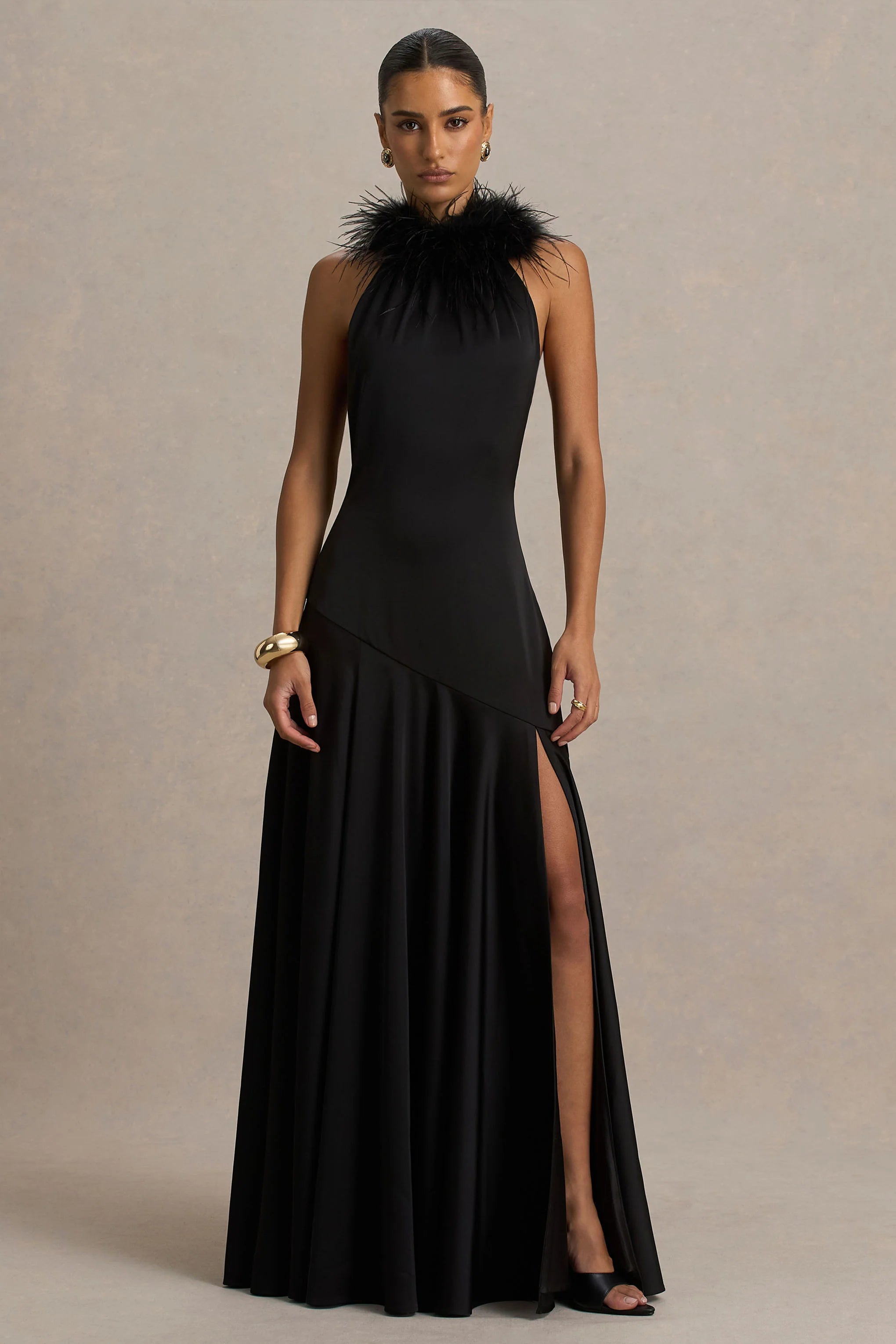 Jemima Black Satin Halter Neck Maxi Dress With Feather Trim