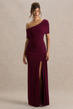 Dynasty Burgundy Asymmetric Neck Maxi Dress With Ruched Detailing And Front High Split